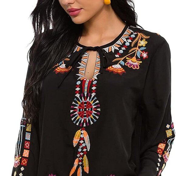 Floral Embroidered Bohemian Chic Tunic Top - Picture 1 of 4